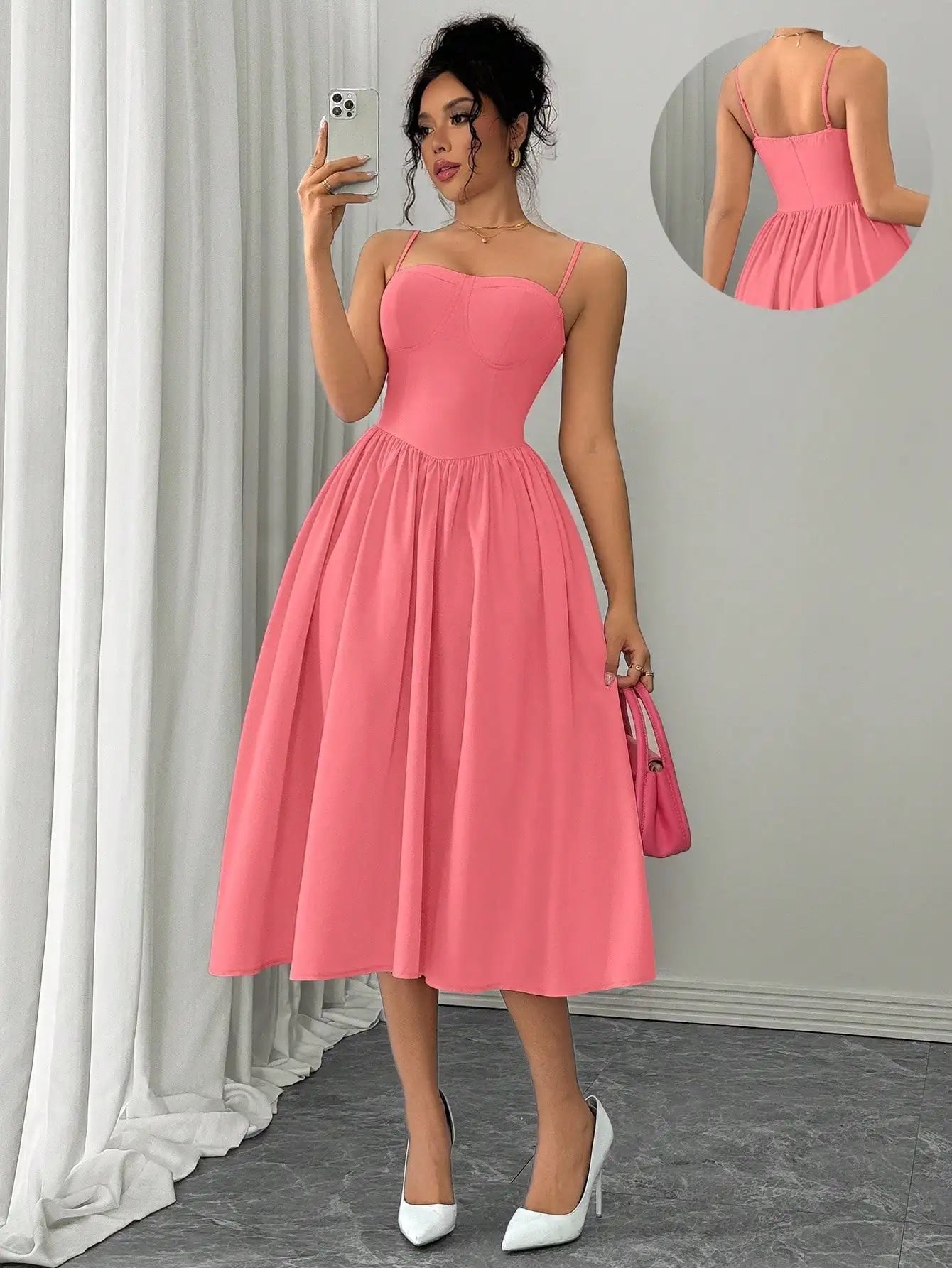 Spaghetti Strap Flared Midi Dress For Women Elegant Party Wear