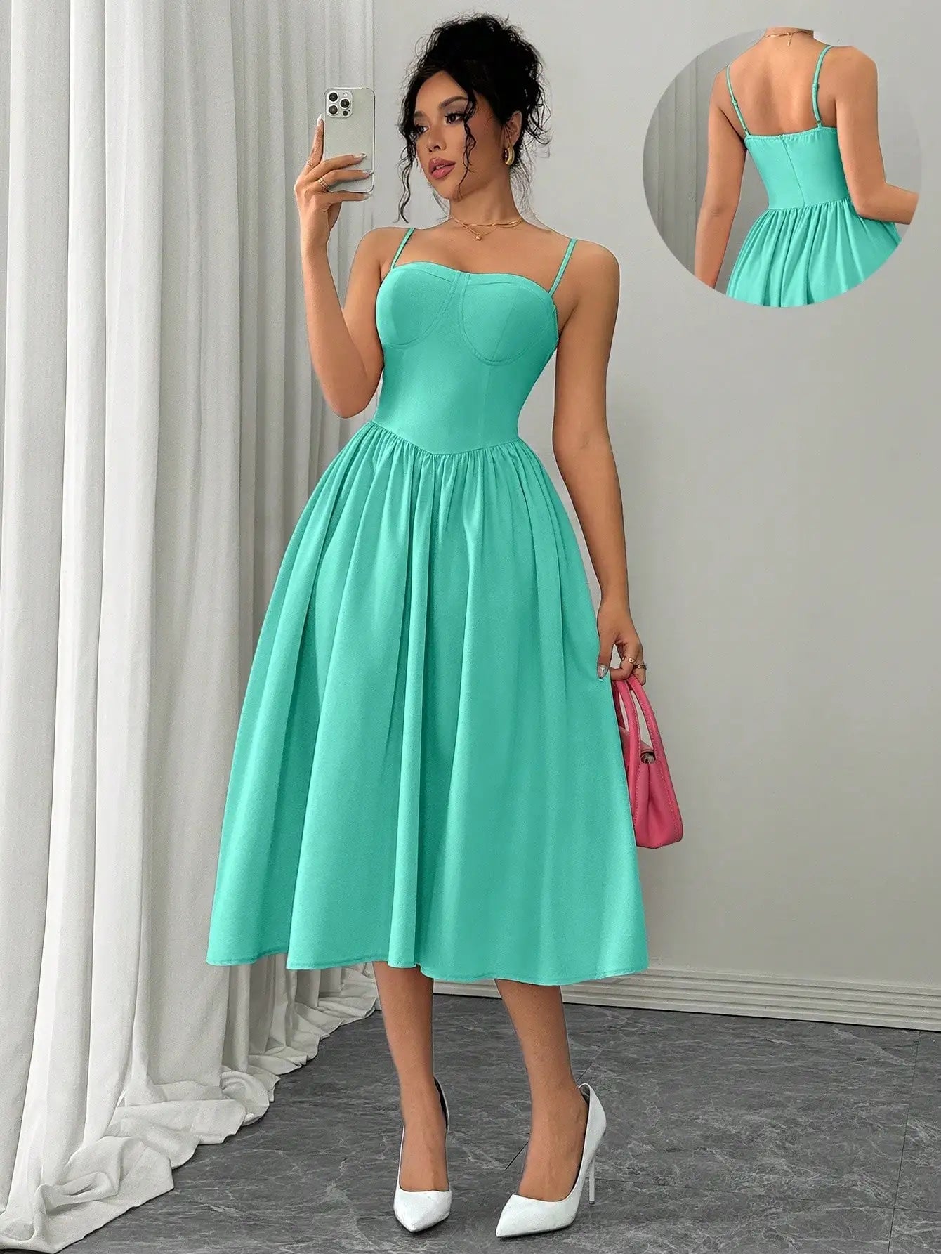 Spaghetti Strap Flared Midi Dress For Women Elegant Party Wear