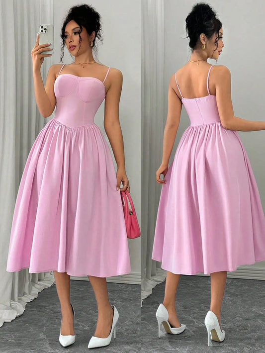 Spaghetti Strap Flared Midi Dress For Women Elegant Party Wear