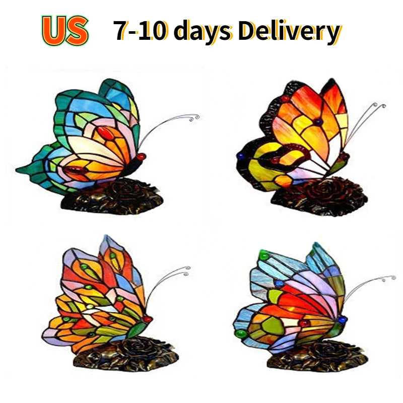 FUMAT Tiffany Style Table Lamp Butterfly Stained Glass Desk Decor