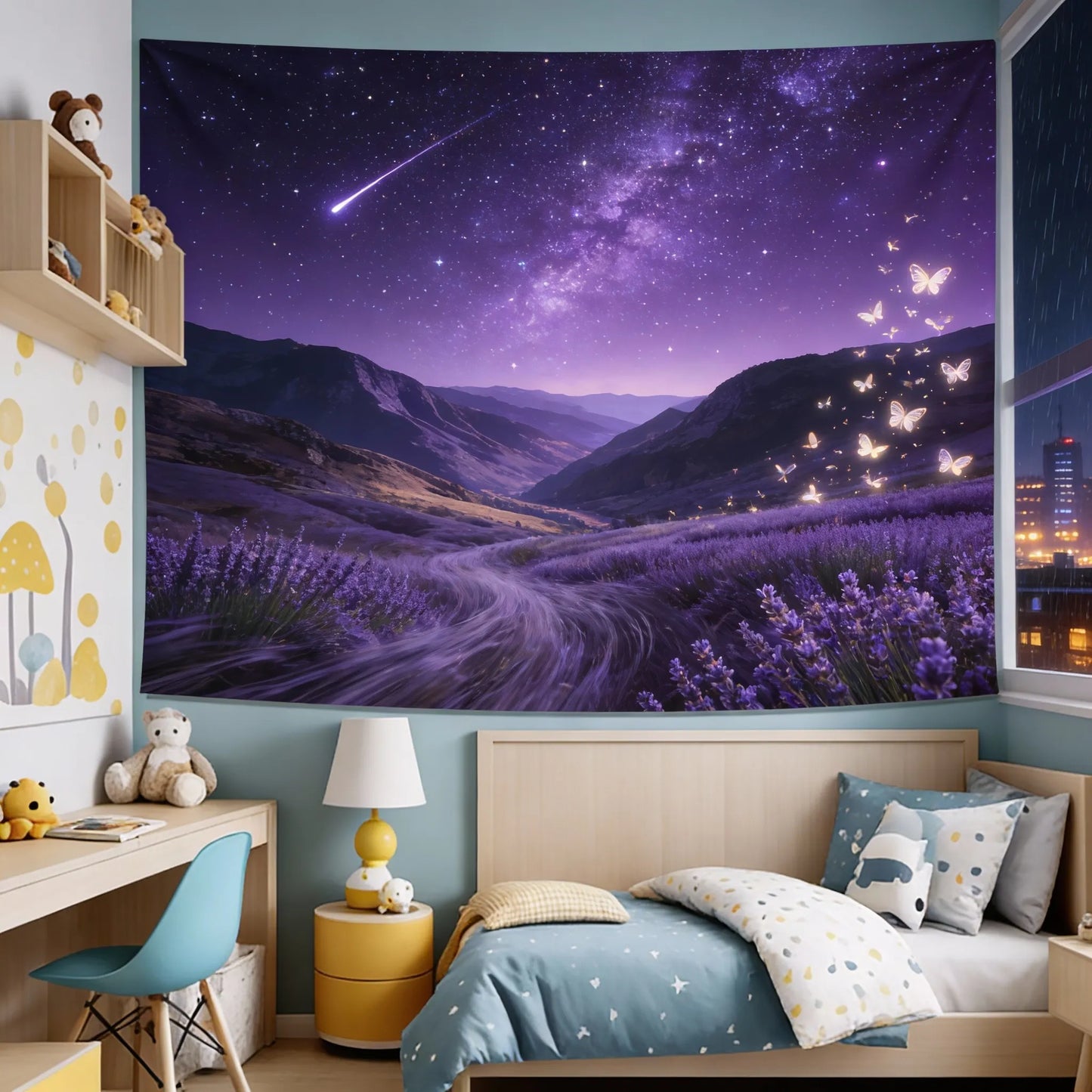 NONECN Rainy City Night View Tapestry Living Room Bedroom Wall Hanging Decor