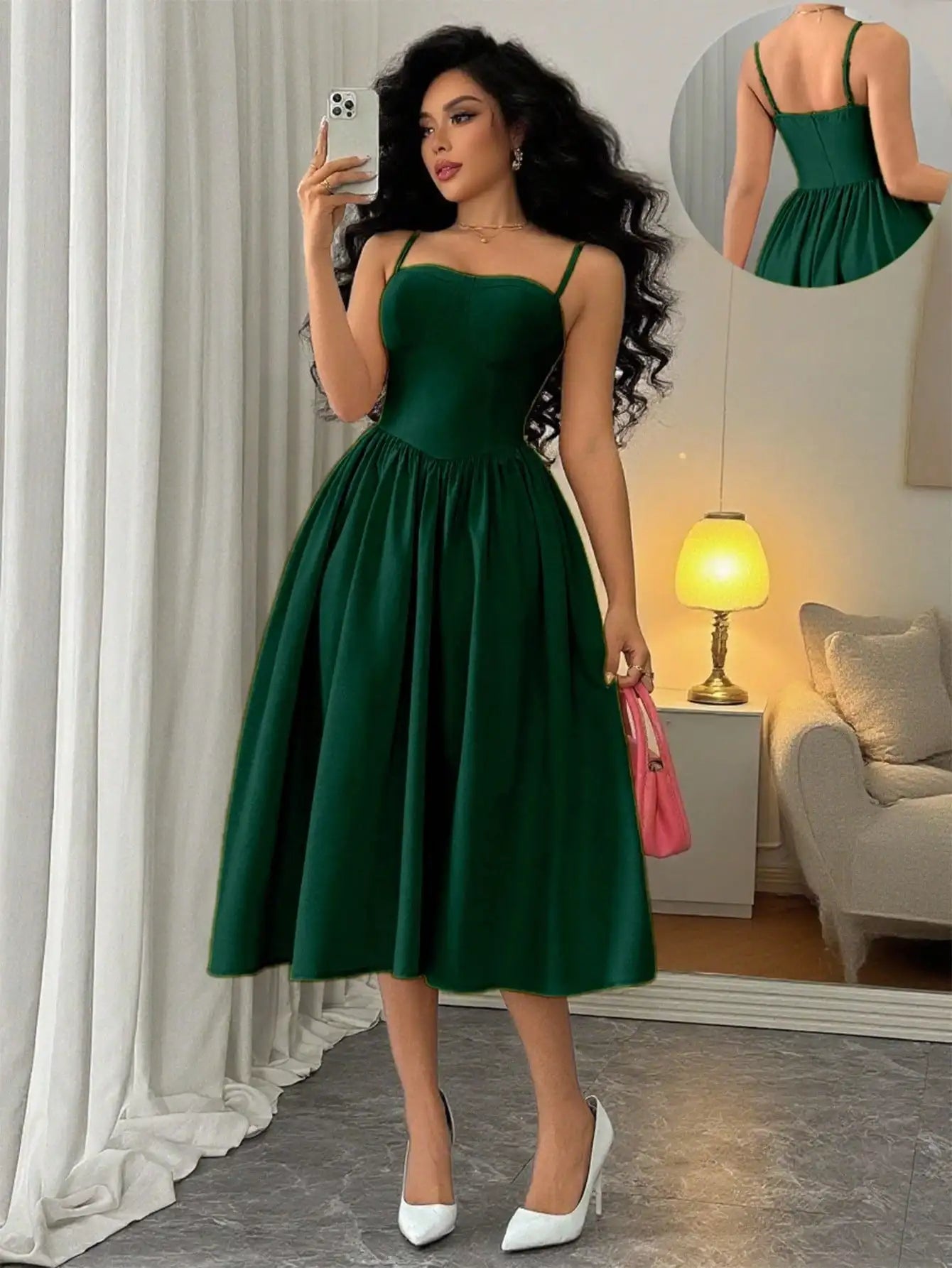 Spaghetti Strap Flared Midi Dress For Women Elegant Party Wear