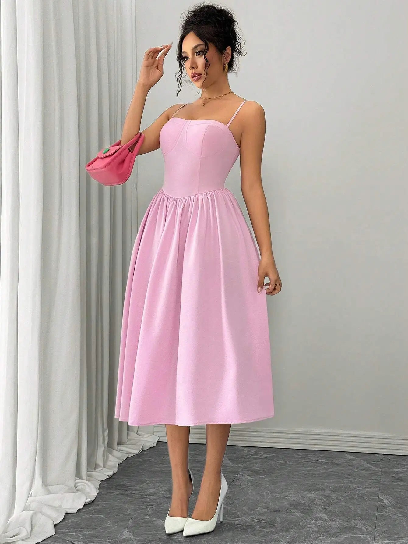 Spaghetti Strap Flared Midi Dress For Women Elegant Party Wear