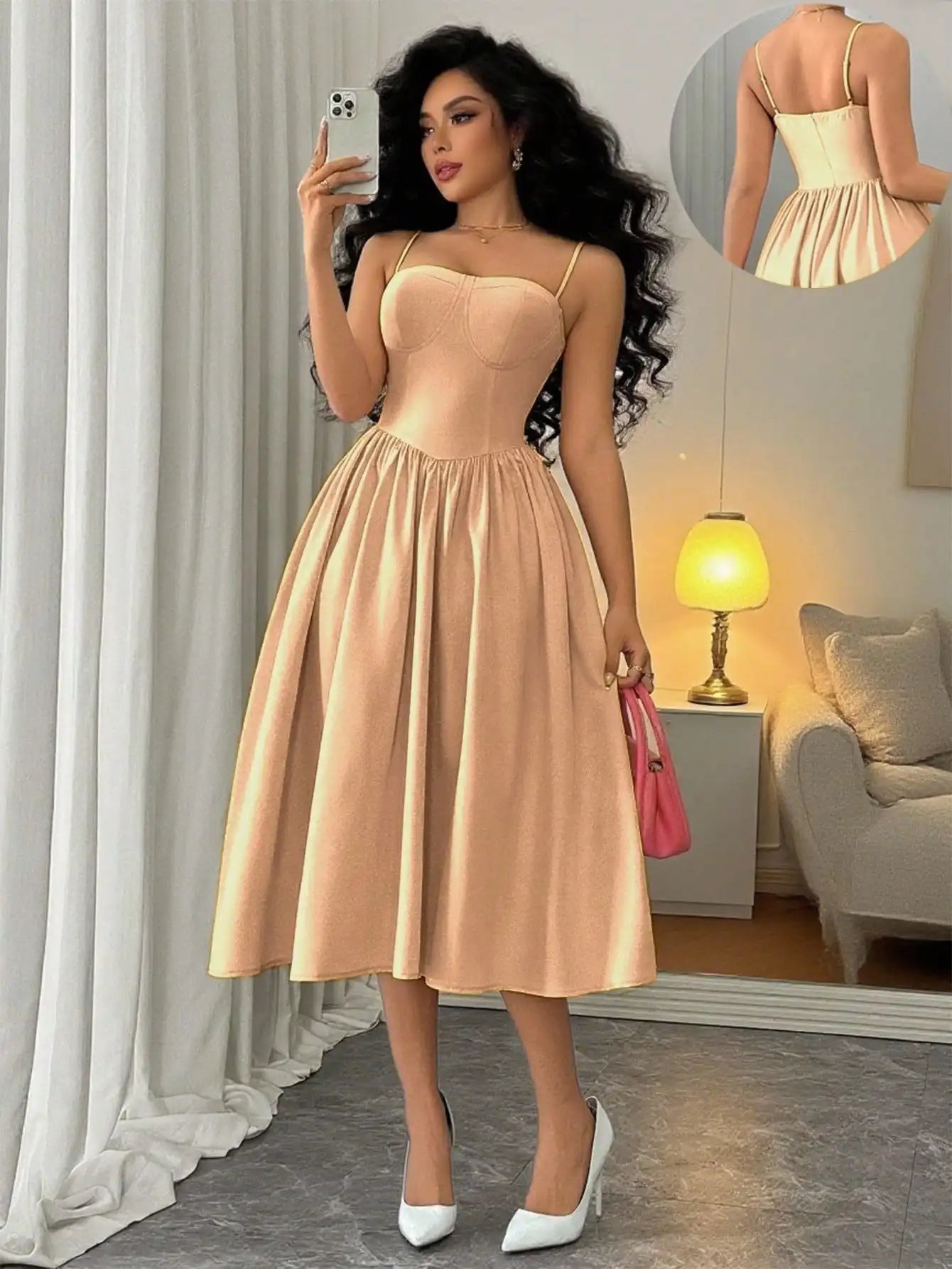 Spaghetti Strap Flared Midi Dress For Women Elegant Party Wear