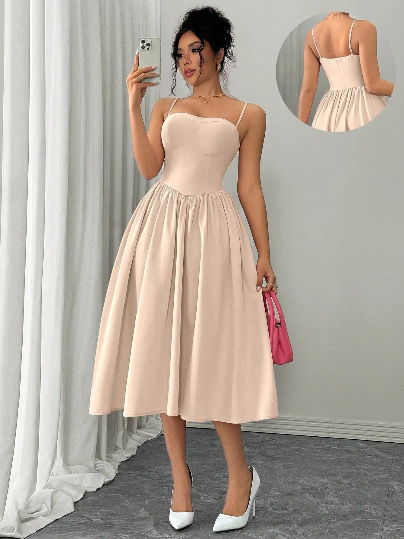 Spaghetti Strap Flared Midi Dress For Women Elegant Party Wear