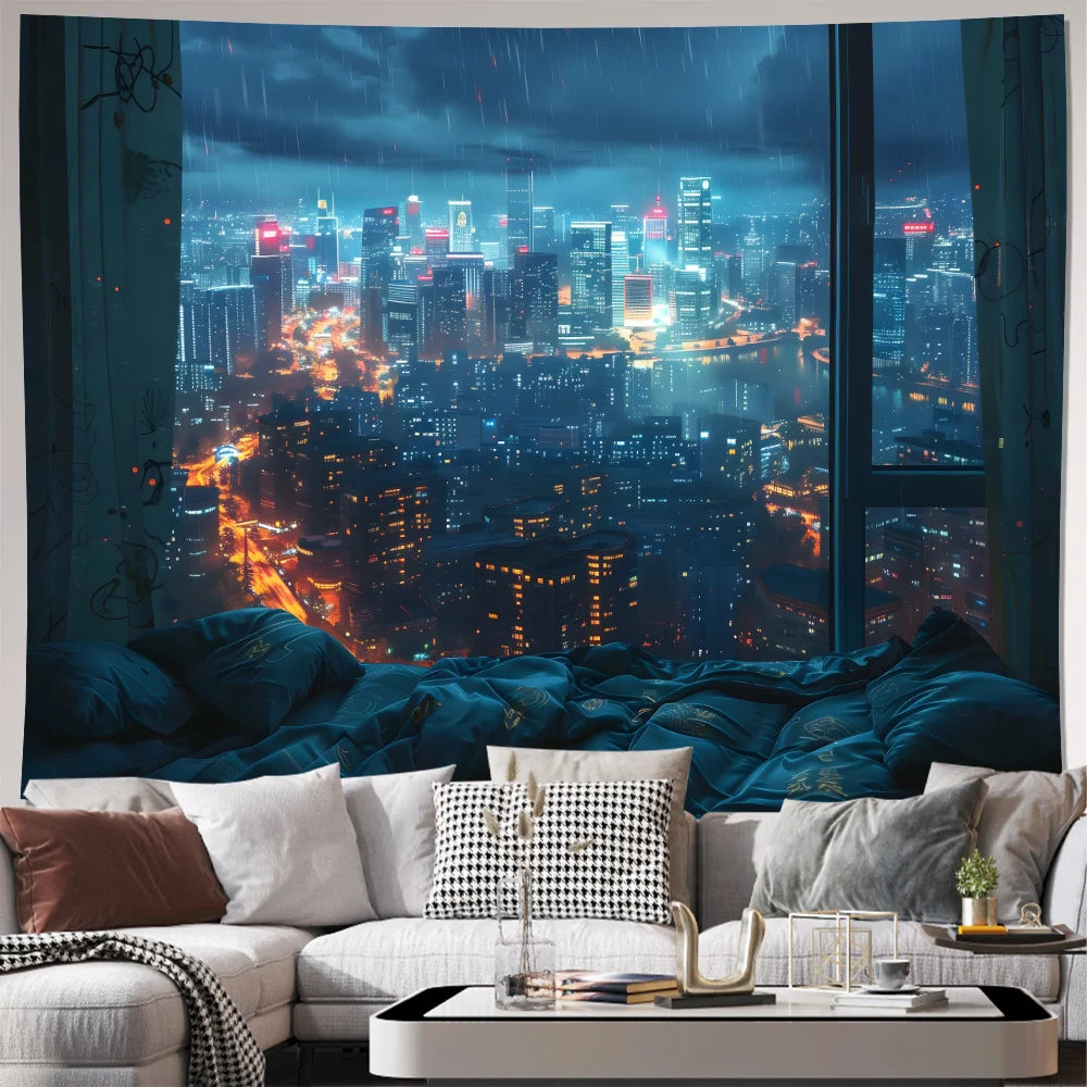 NONECN Rainy City Night View Tapestry Living Room Bedroom Wall Hanging Decor