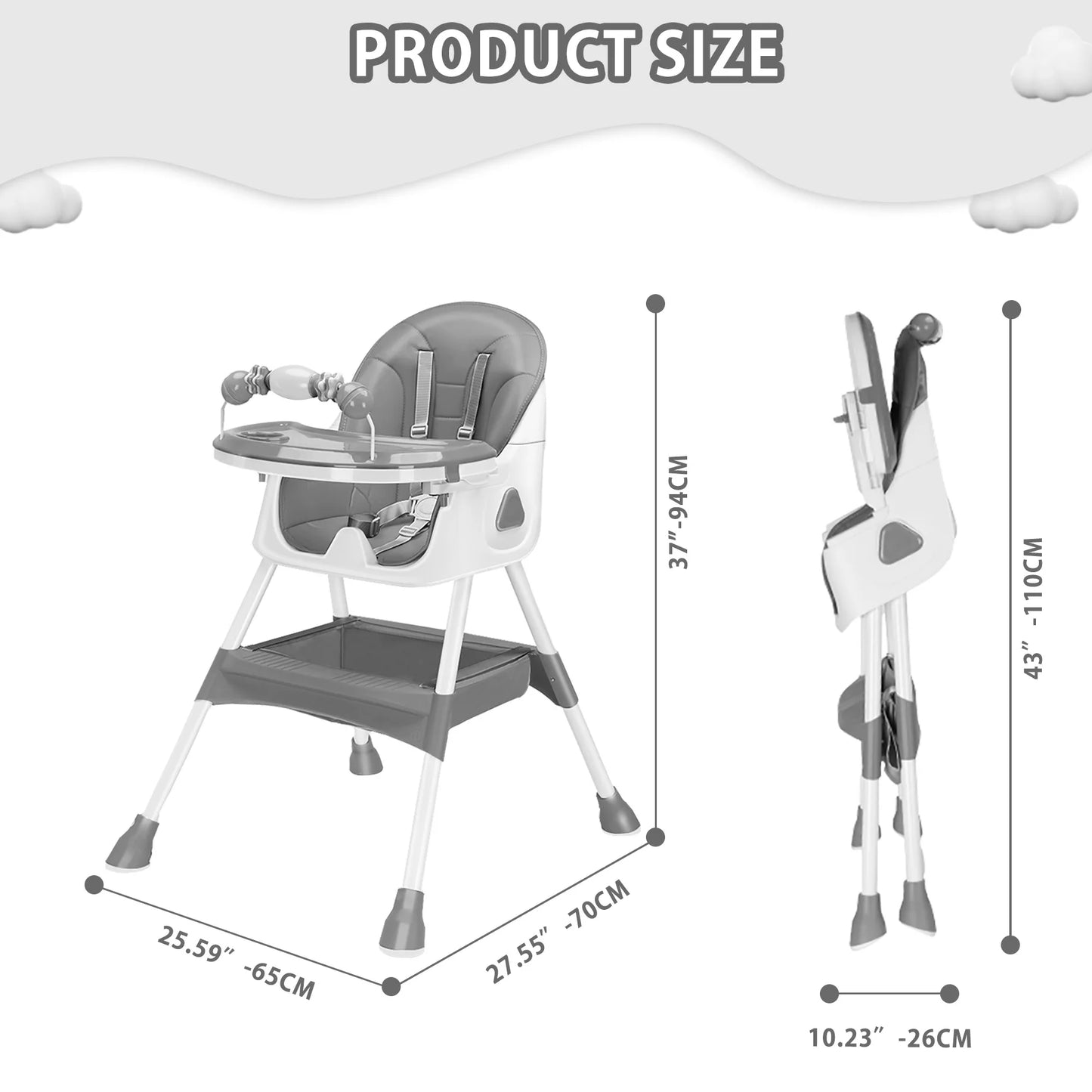 PIORLADO Folding Baby High Chair With Antislip Pad Toy Rack