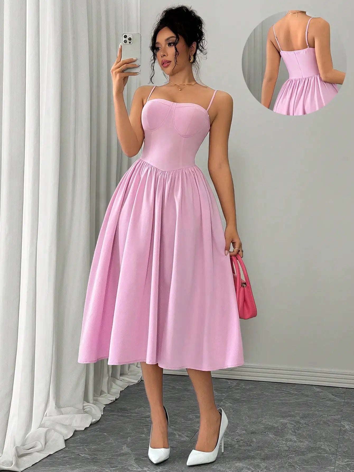 Spaghetti Strap Flared Midi Dress For Women Elegant Party Wear