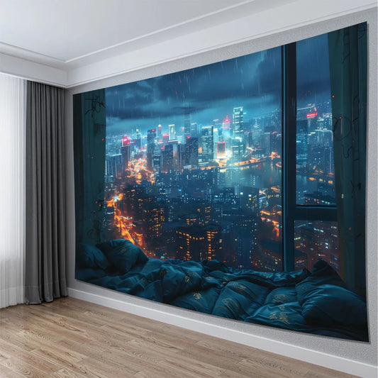 NONECN Rainy City Night View Tapestry Living Room Bedroom Wall Hanging Decor