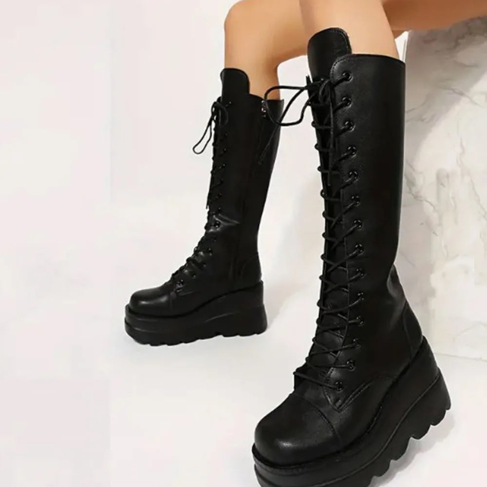 DoraTasia Gothic Lace Up Side Zip Boots Women High Heel