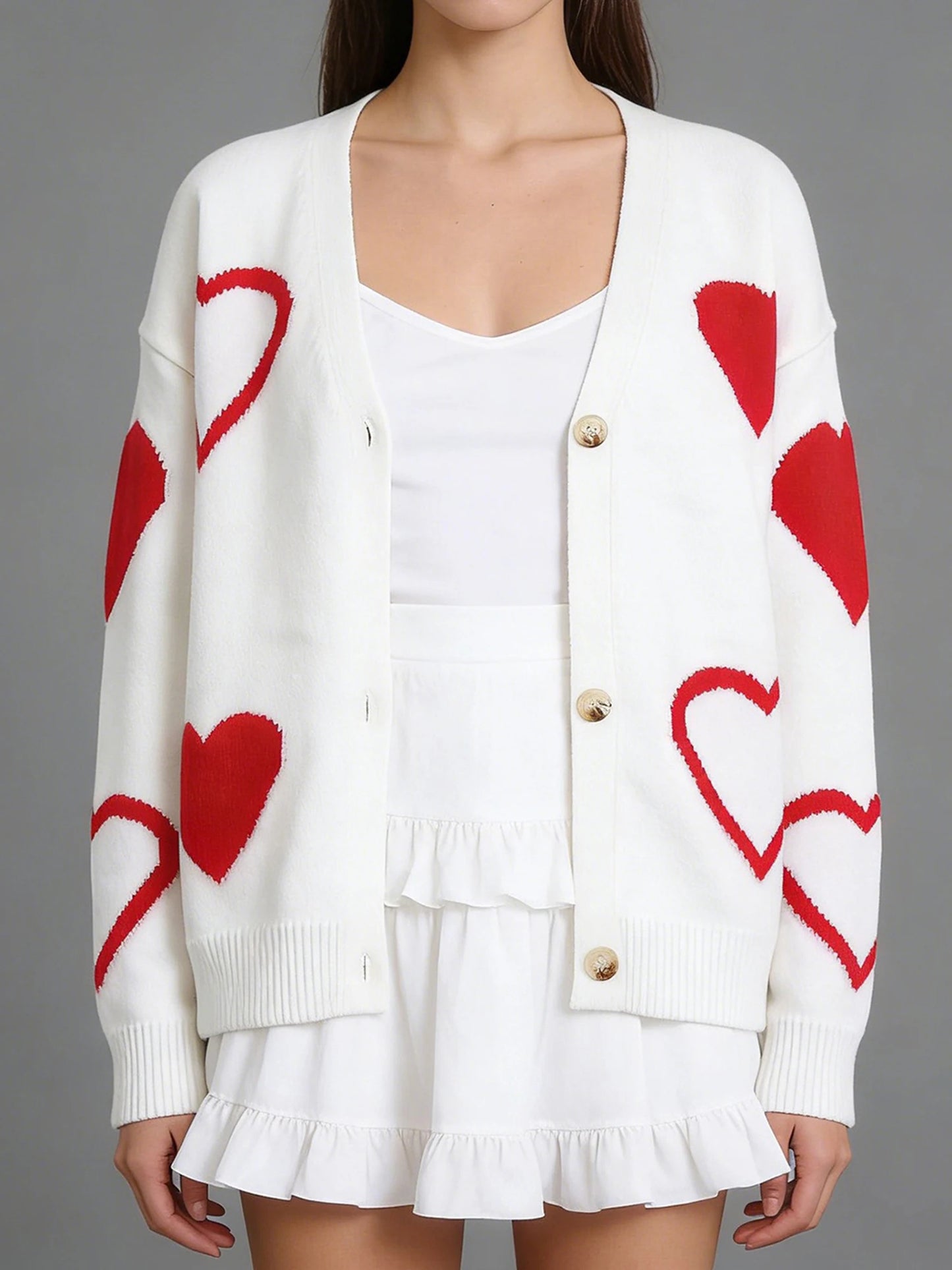 XBTCLXEBCOCN Womens Valentine Heart Print Cardigan Sweater
