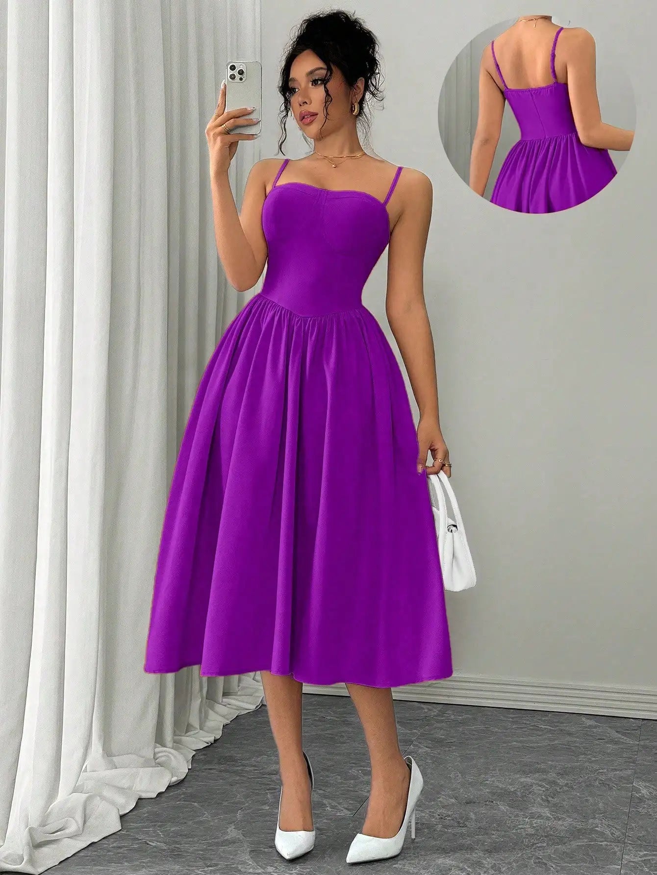 Spaghetti Strap Flared Midi Dress For Women Elegant Party Wear
