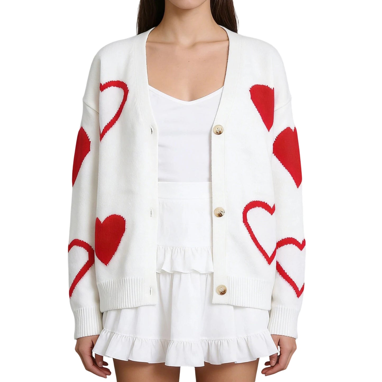 XBTCLXEBCOCN Womens Valentine Heart Print Cardigan Sweater