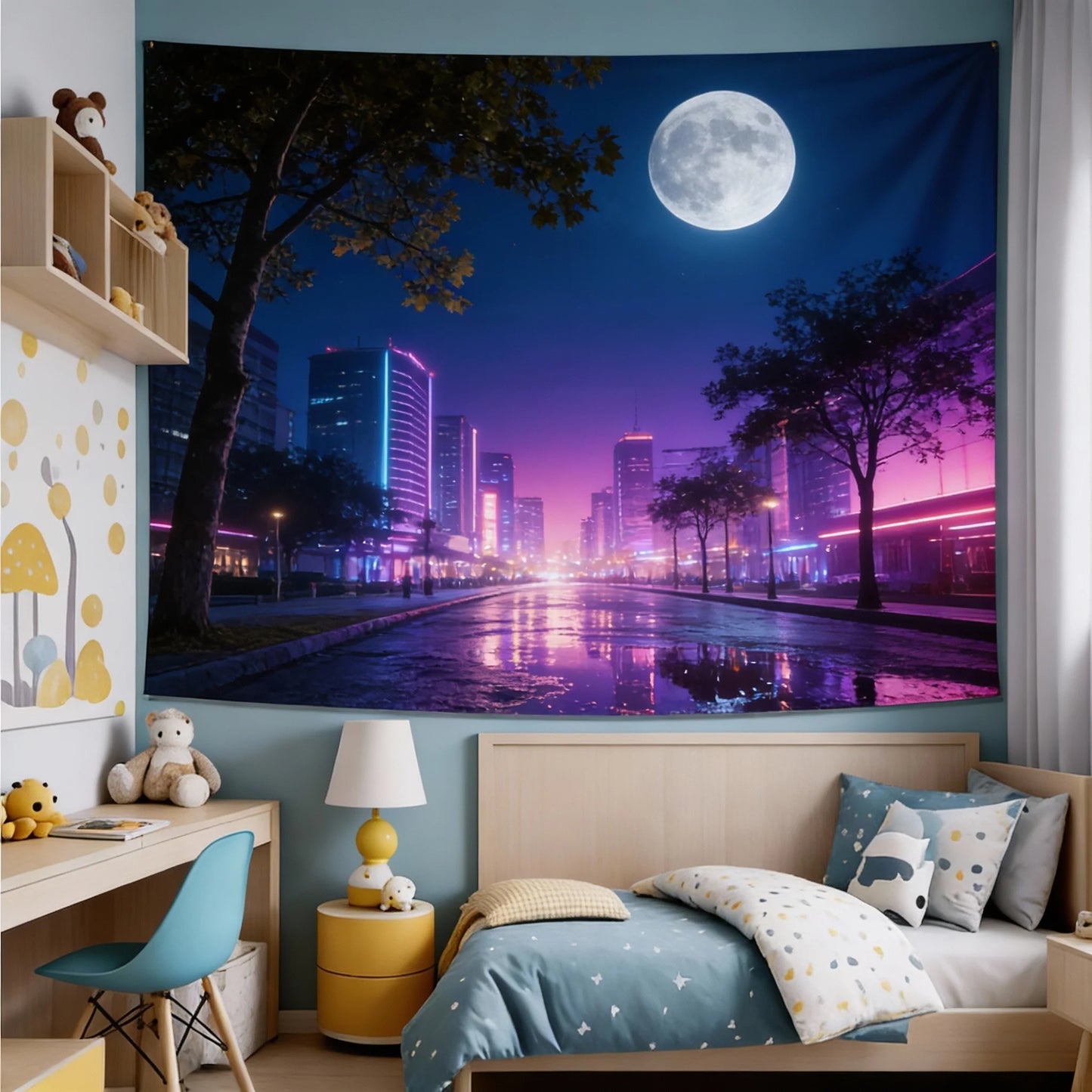 NONECN Rainy City Night View Tapestry Living Room Bedroom Wall Hanging Decor