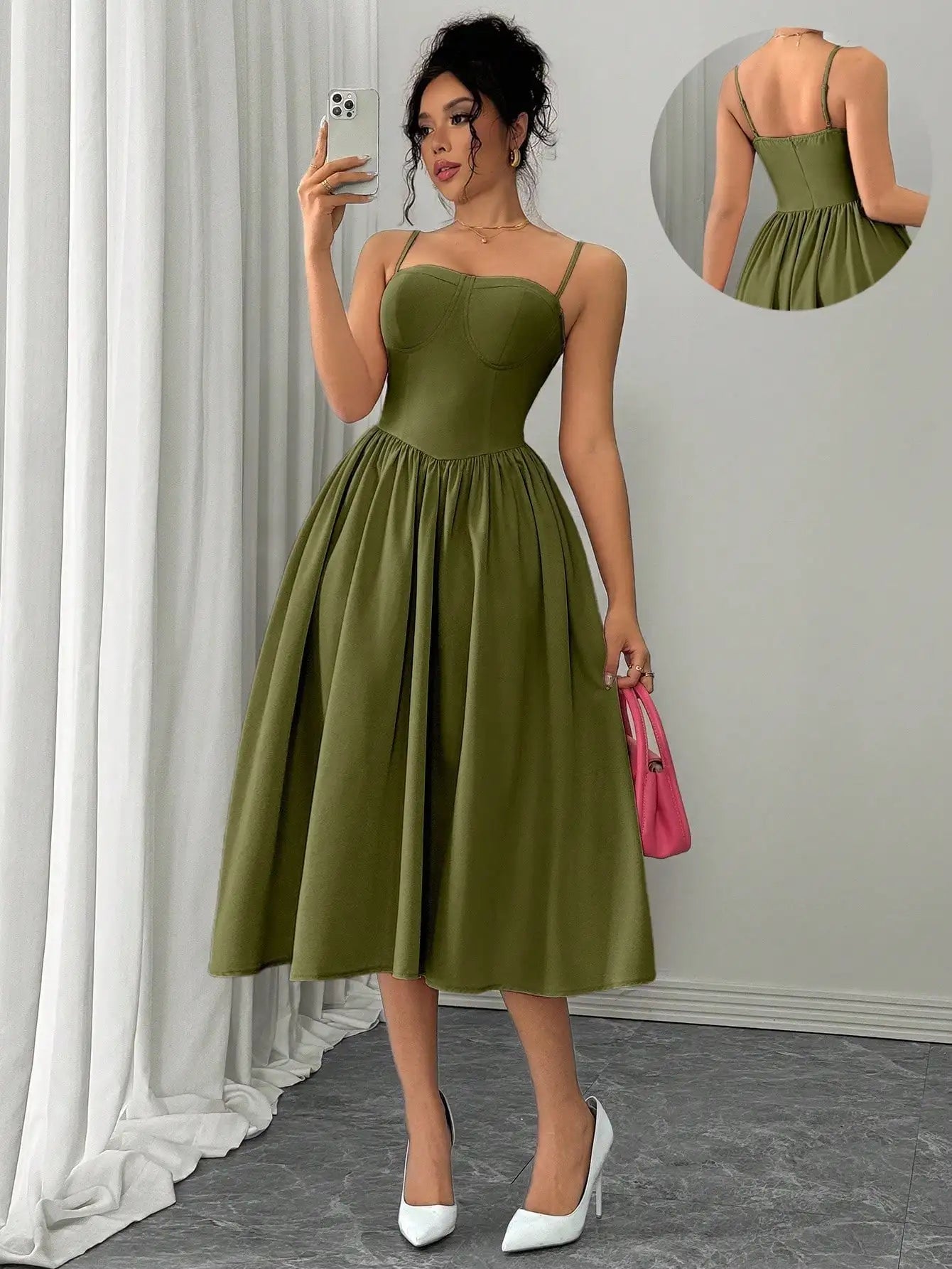 Spaghetti Strap Flared Midi Dress For Women Elegant Party Wear