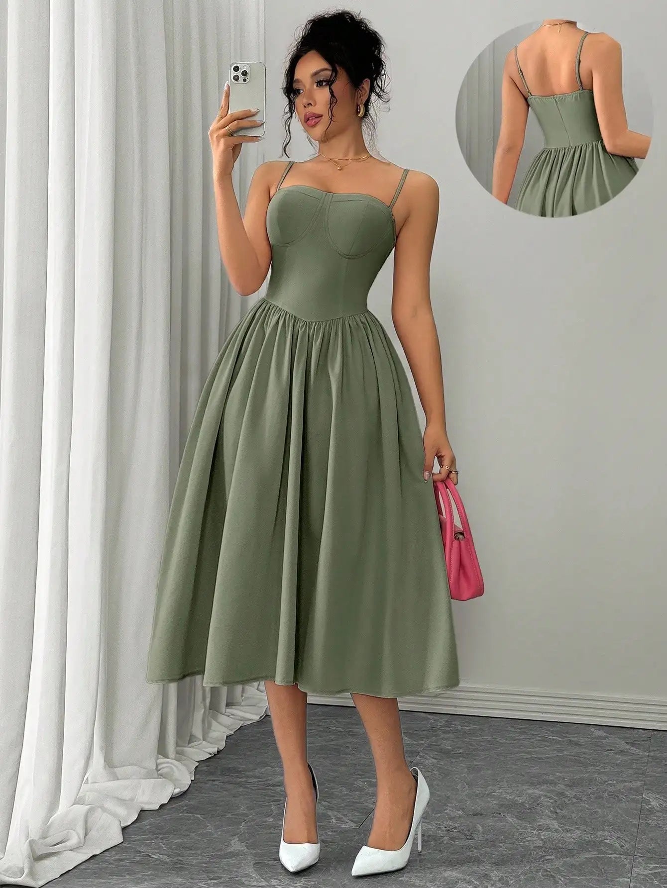 Spaghetti Strap Flared Midi Dress For Women Elegant Party Wear