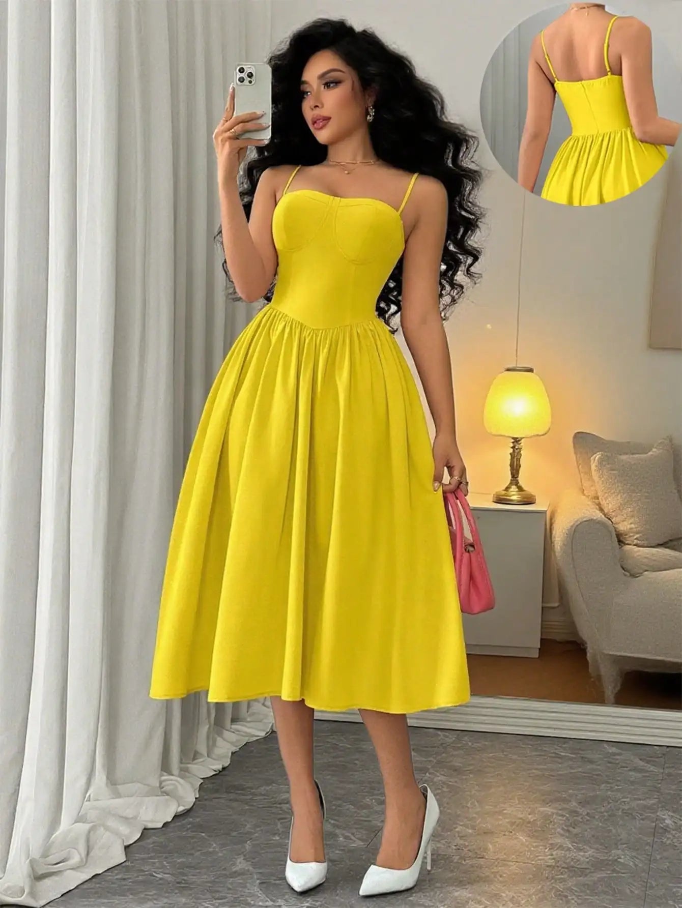 Spaghetti Strap Flared Midi Dress For Women Elegant Party Wear