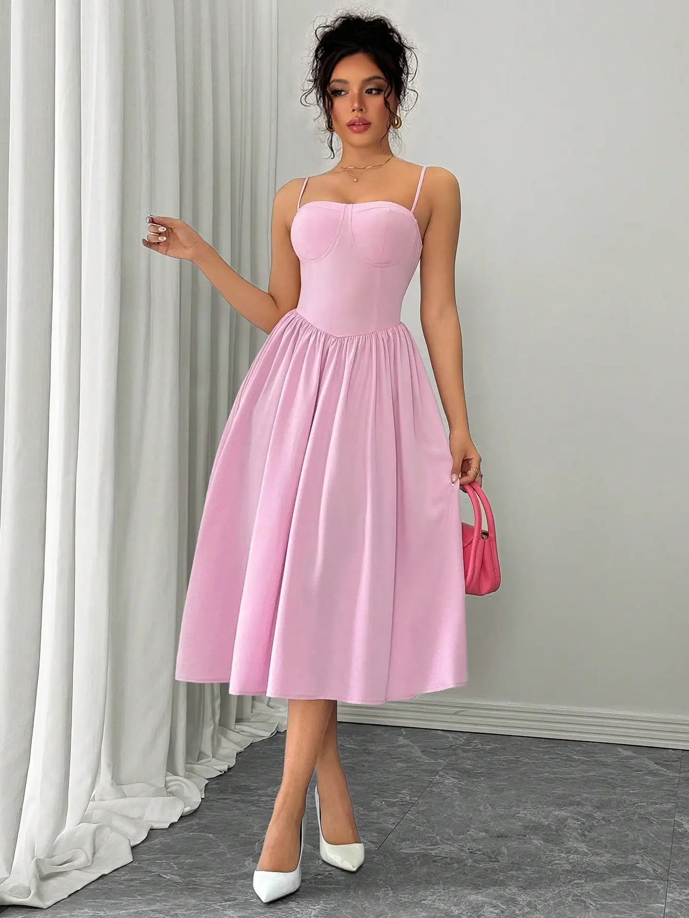 Spaghetti Strap Flared Midi Dress For Women Elegant Party Wear