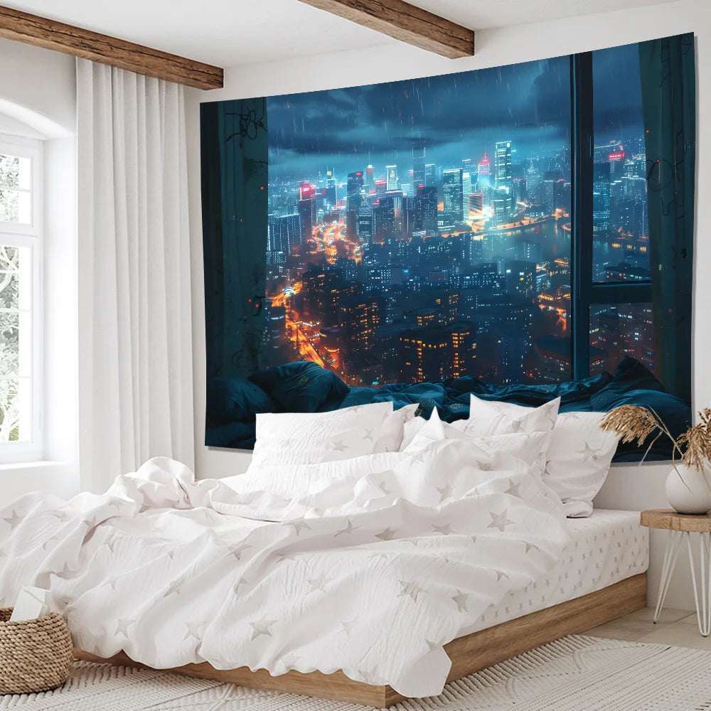 NONECN Rainy City Night View Tapestry Living Room Bedroom Wall Hanging Decor