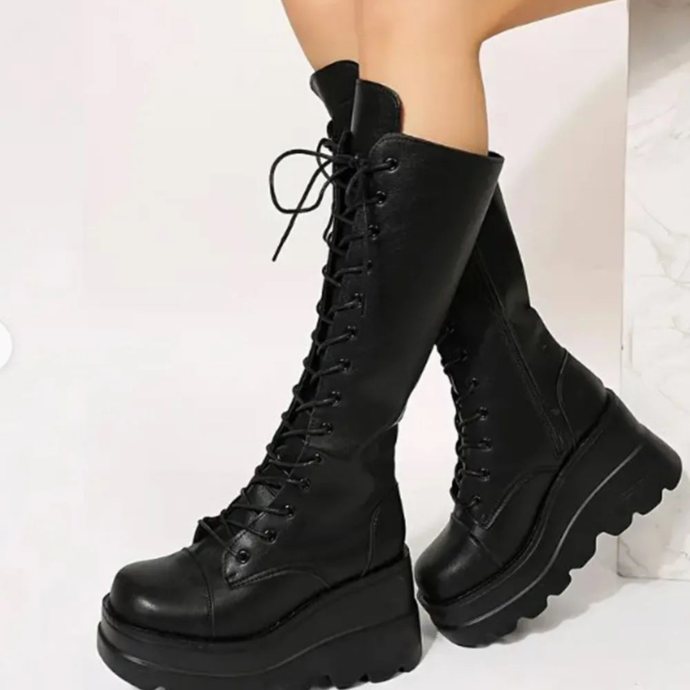 DoraTasia Gothic Lace Up Side Zip Boots Women High Heel
