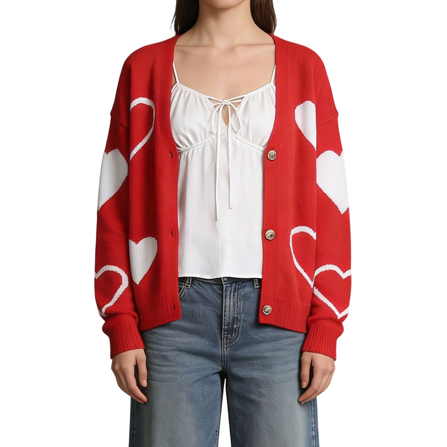 XBTCLXEBCOCN Womens Valentine Heart Print Cardigan Sweater