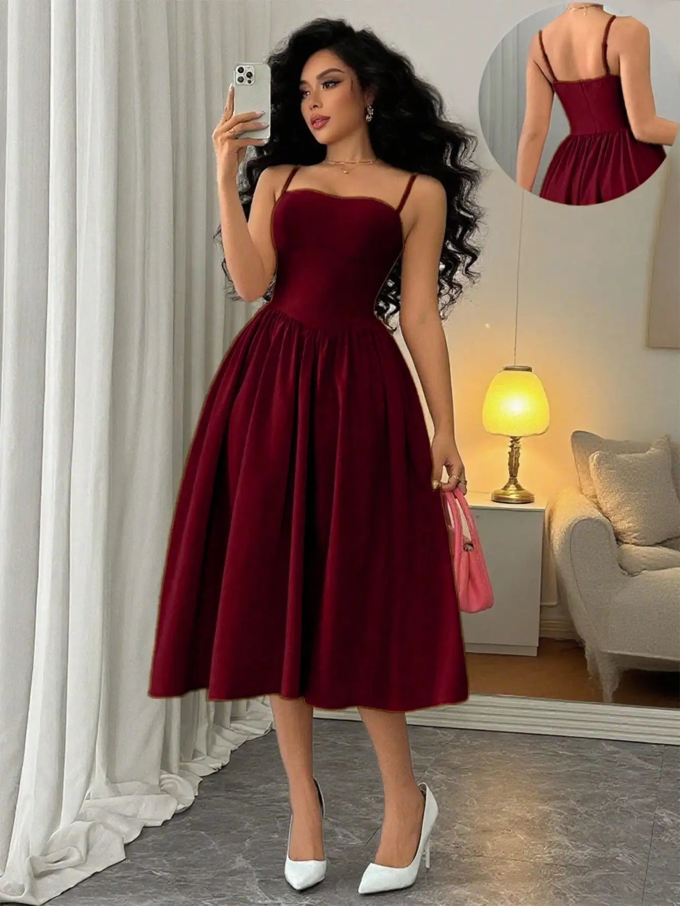 Spaghetti Strap Flared Midi Dress For Women Elegant Party Wear