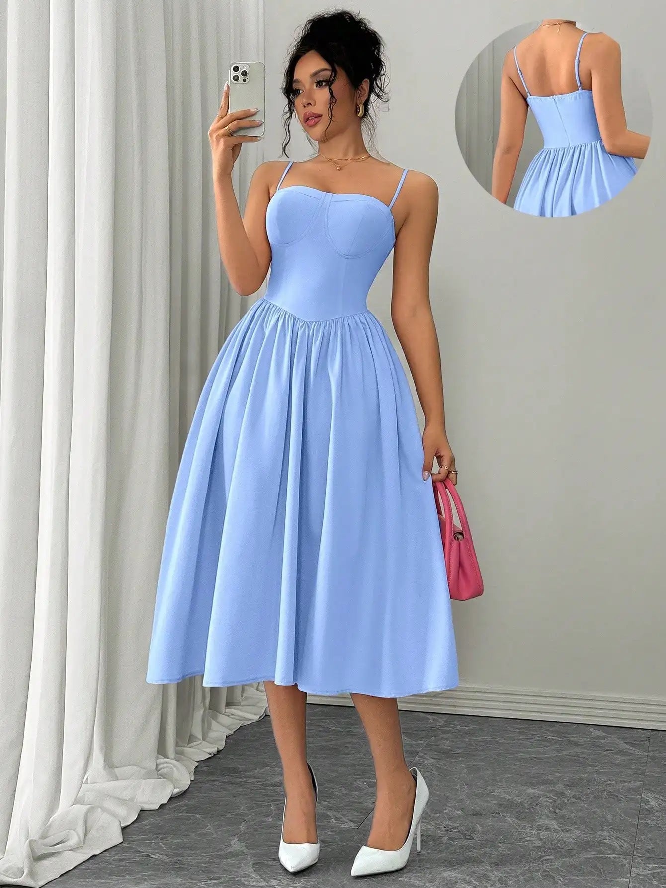 Spaghetti Strap Flared Midi Dress For Women Elegant Party Wear