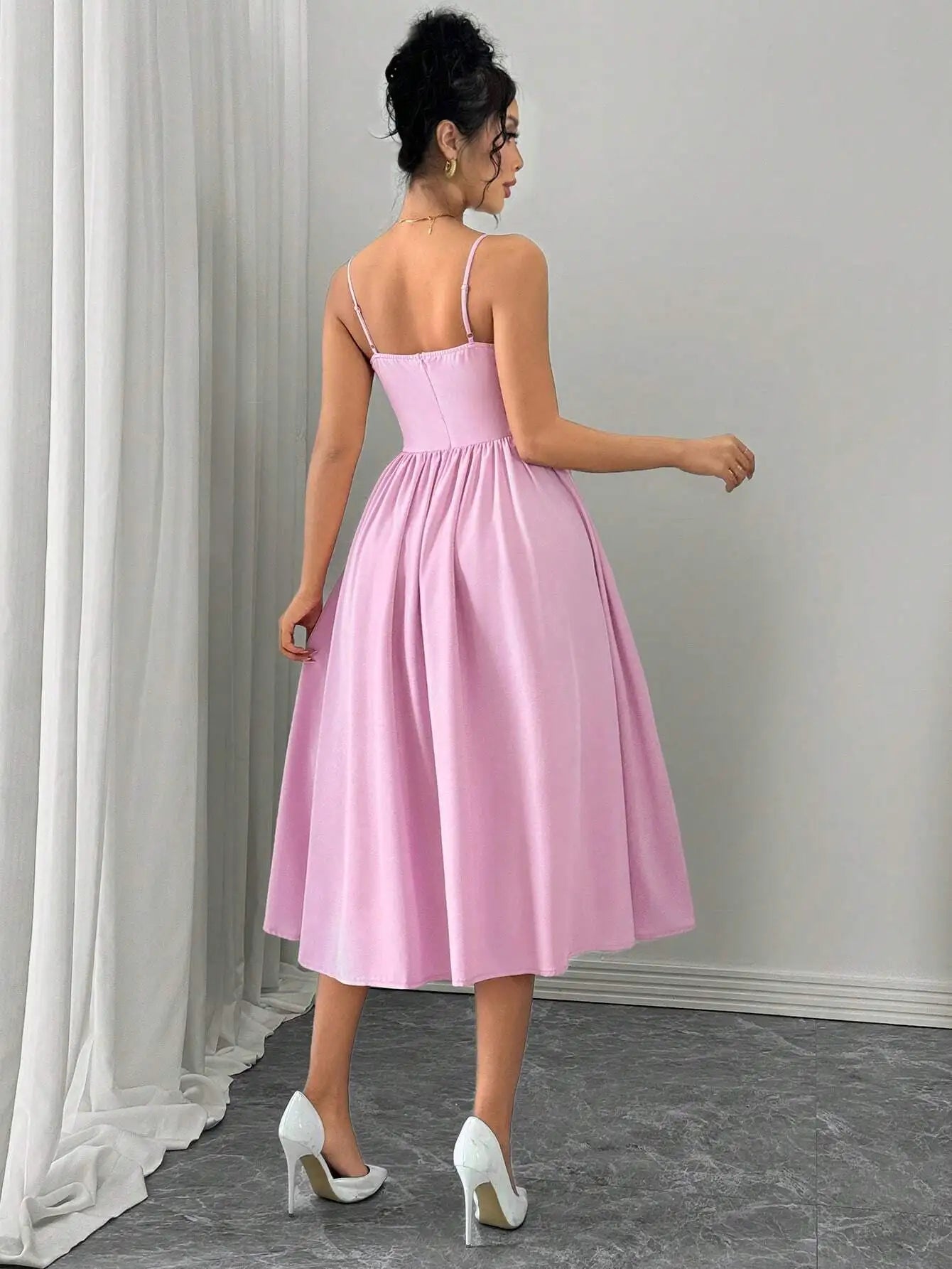 Spaghetti Strap Flared Midi Dress For Women Elegant Party Wear
