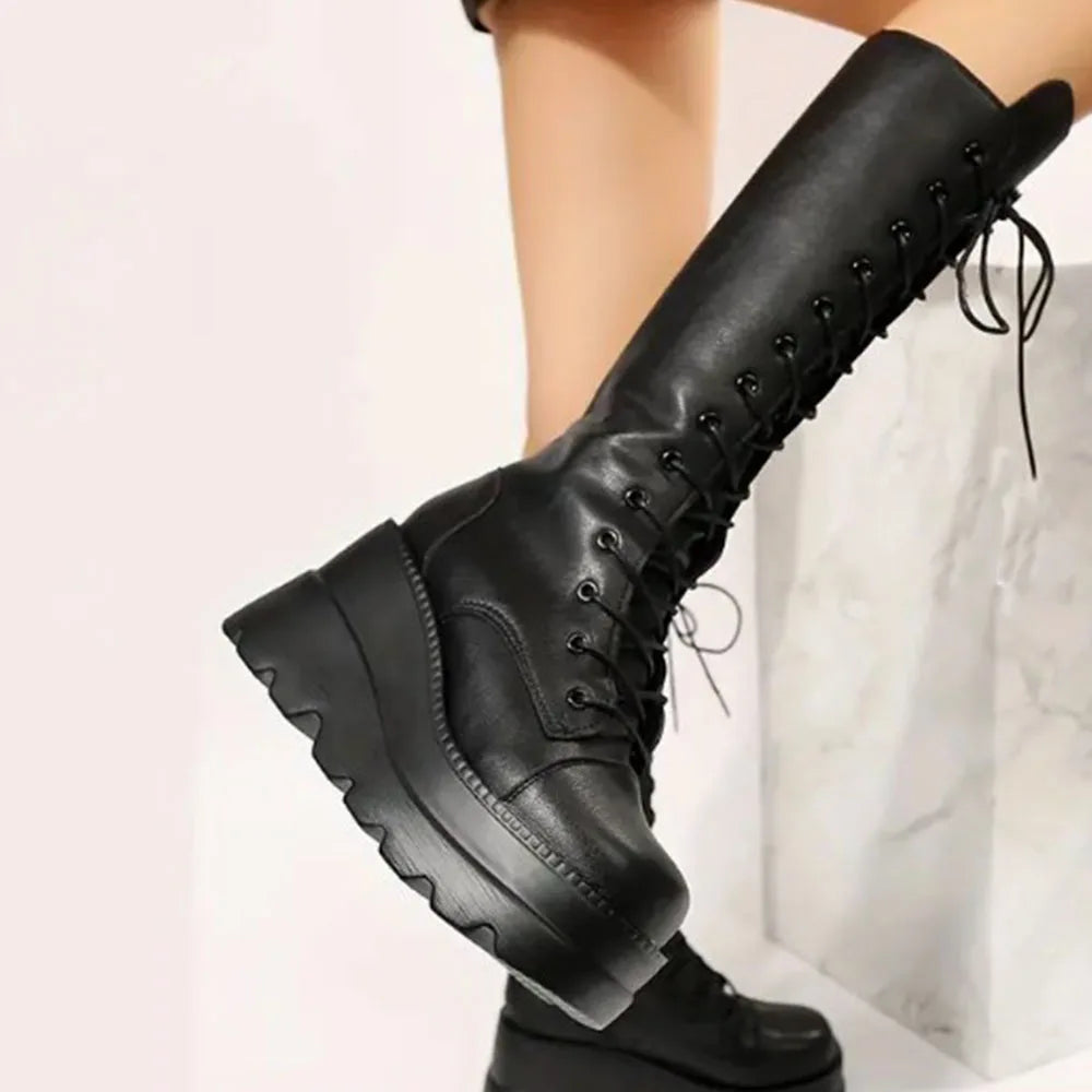 DoraTasia Gothic Lace Up Side Zip Boots Women High Heel