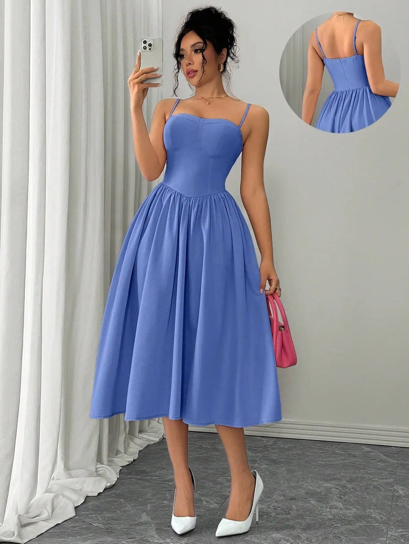 Spaghetti Strap Flared Midi Dress For Women Elegant Party Wear