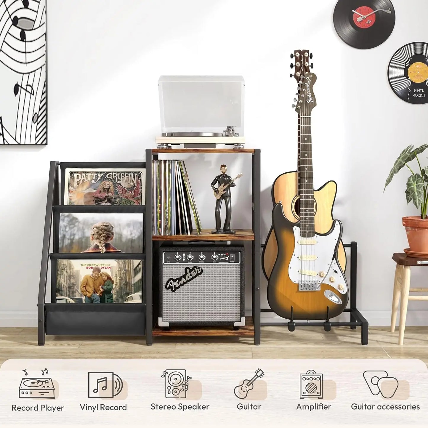 3-Tier Vinyl Record Storage And Guitar Stand With Amp Shelf