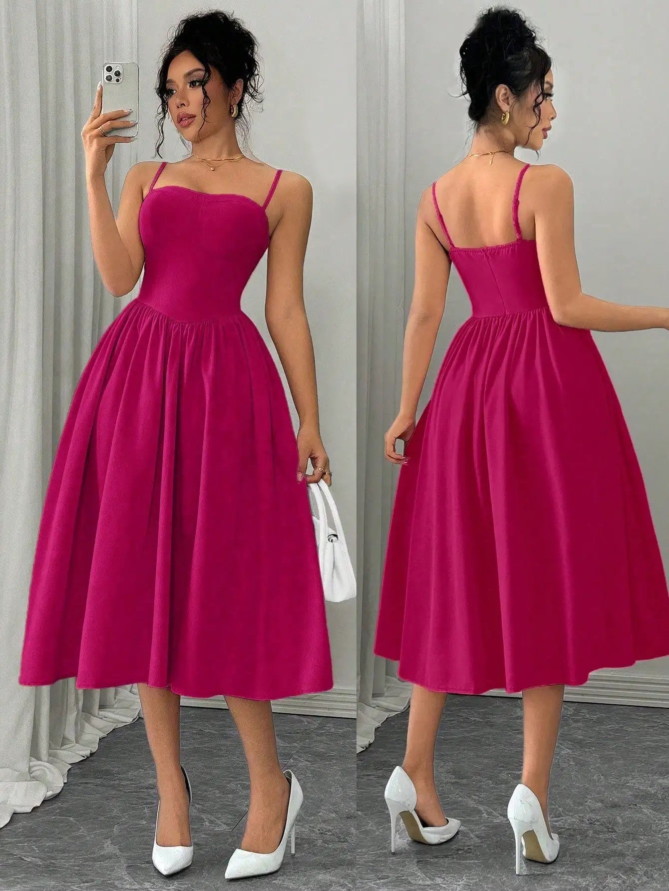 Spaghetti Strap Flared Midi Dress For Women Elegant Party Wear