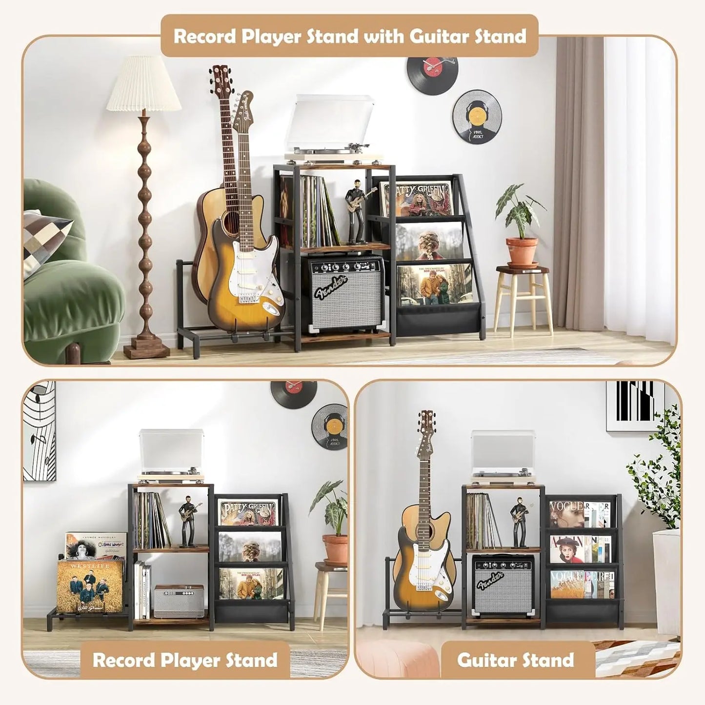 3-Tier Vinyl Record Storage And Guitar Stand With Amp Shelf