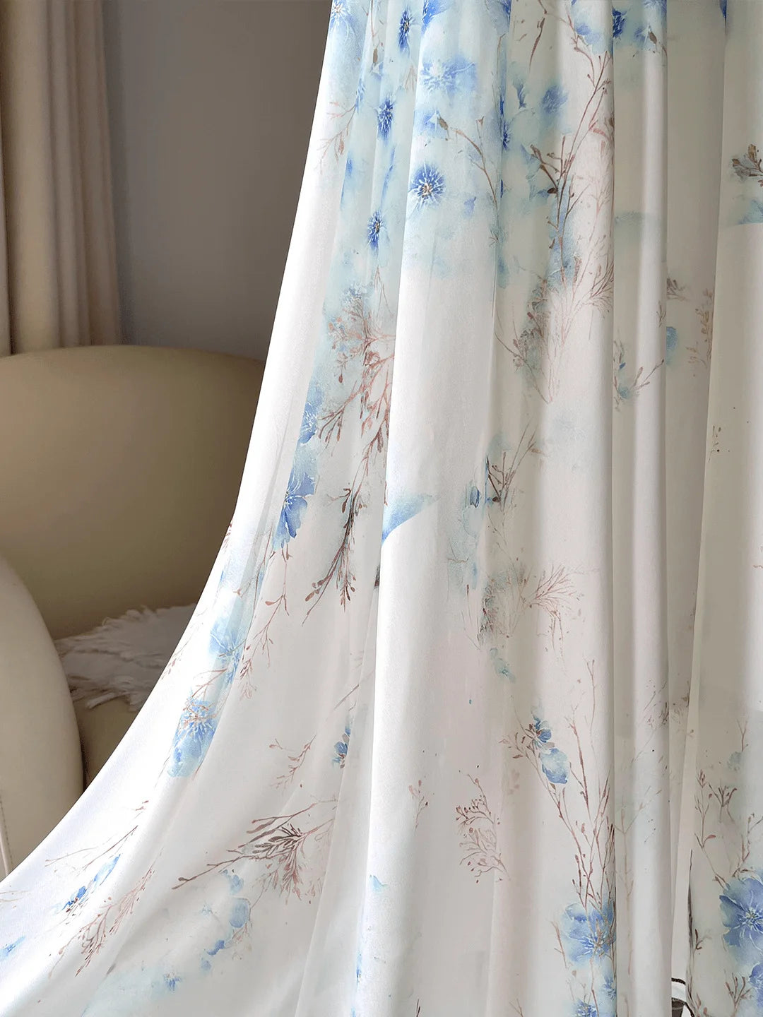 Floral Print Long Flowing V Neck Dress with Long Sleeves