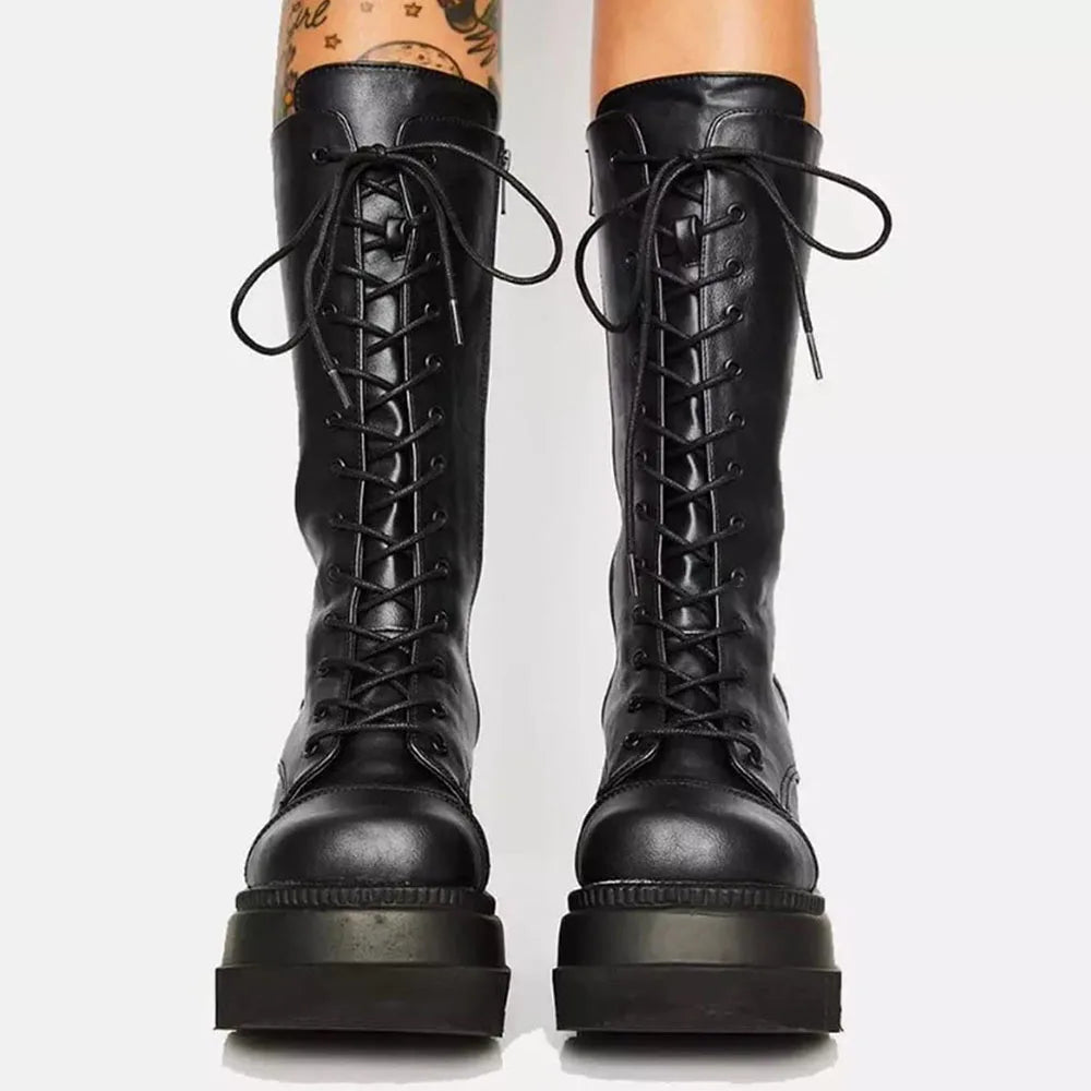 DoraTasia Gothic Lace Up Side Zip Boots Women High Heel
