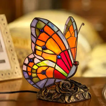 FUMAT Tiffany Style Table Lamp Butterfly Stained Glass Desk Decor
