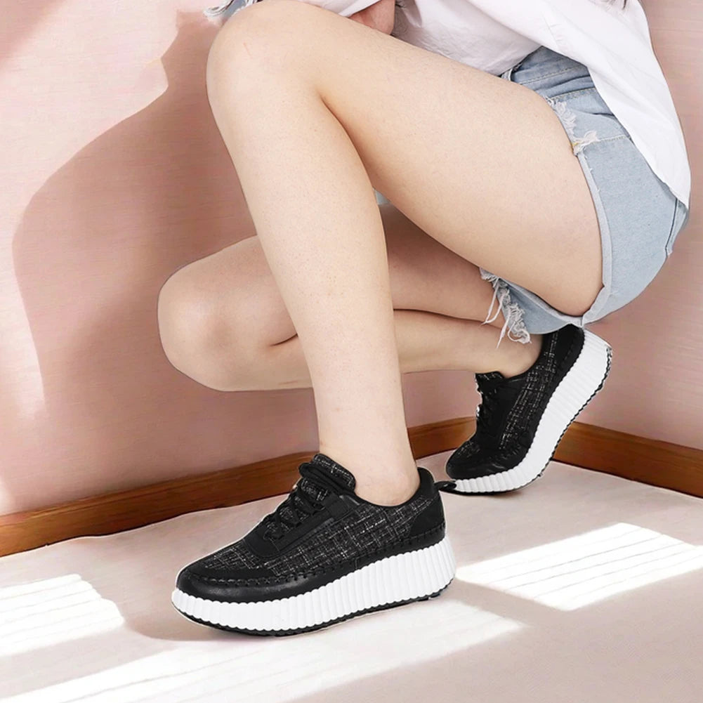 GIGIFOX Lace Up Platform Sneaker Women Comfortable Wedge Casual Shoes