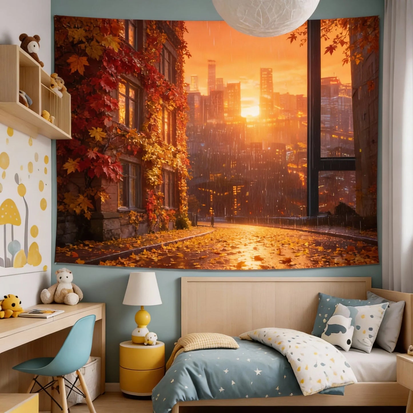NONECN Rainy City Night View Tapestry Living Room Bedroom Wall Hanging Decor
