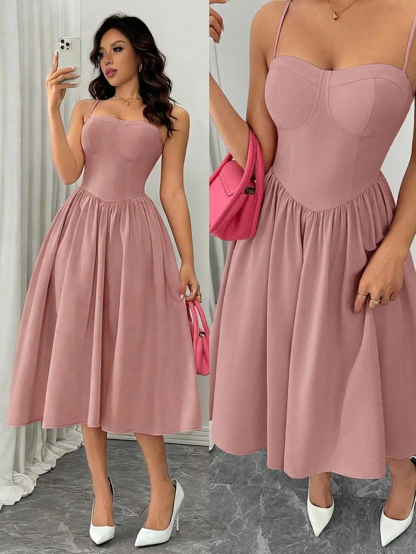 Spaghetti Strap Flared Midi Dress For Women Elegant Party Wear
