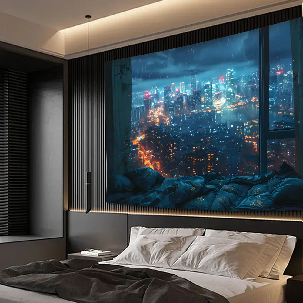 NONECN Rainy City Night View Tapestry Living Room Bedroom Wall Hanging Decor