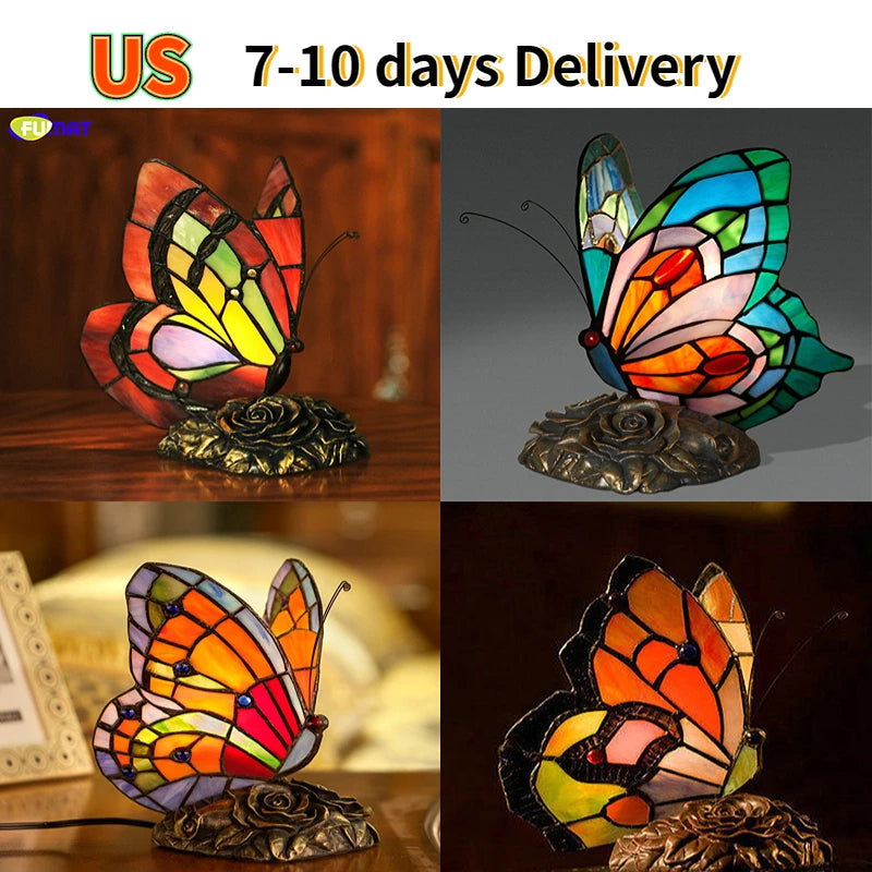 FUMAT Tiffany Style Table Lamp Butterfly Stained Glass Desk Decor