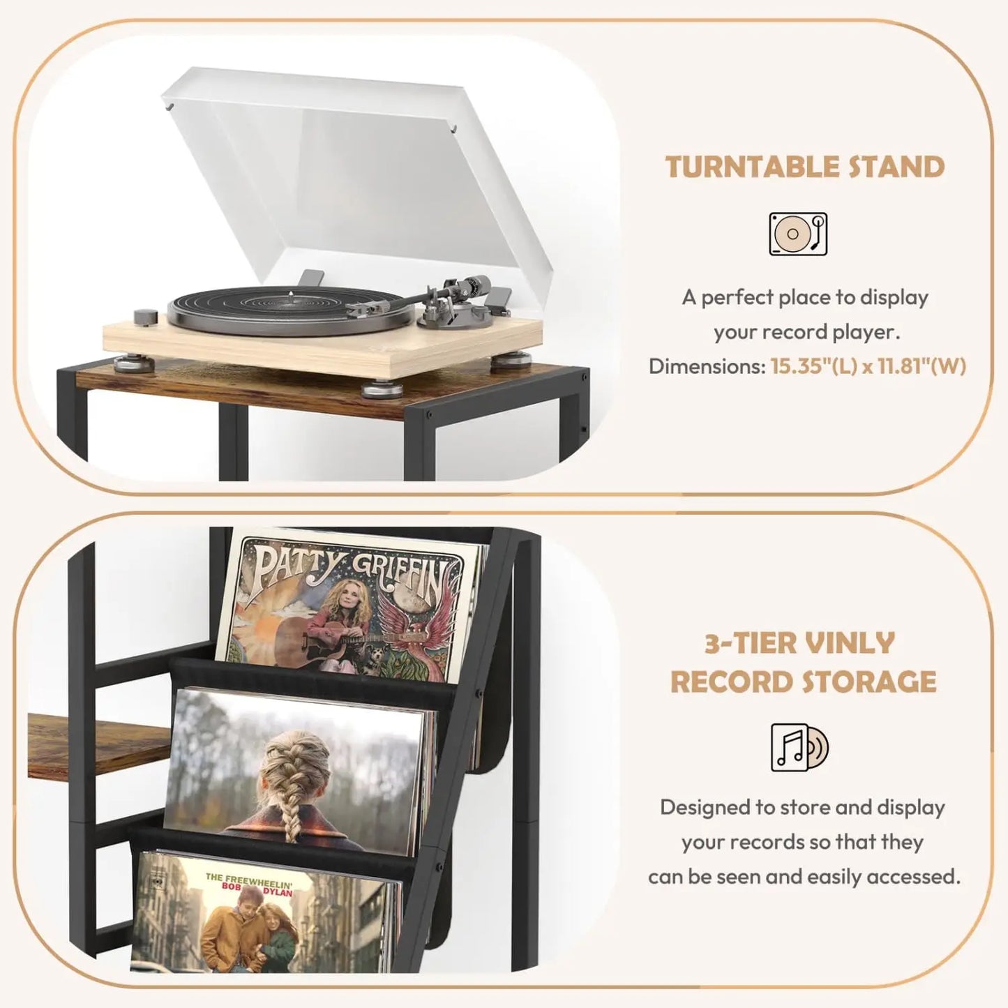 3-Tier Vinyl Record Storage And Guitar Stand With Amp Shelf