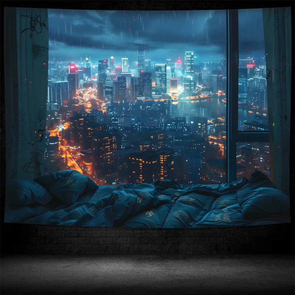 NONECN Rainy City Night View Tapestry Living Room Bedroom Wall Hanging Decor