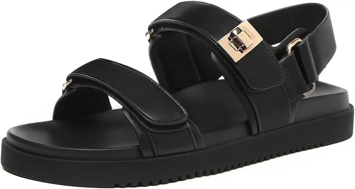 Comfort Footbed Leather Adjustable Double Strap Sandals For Women