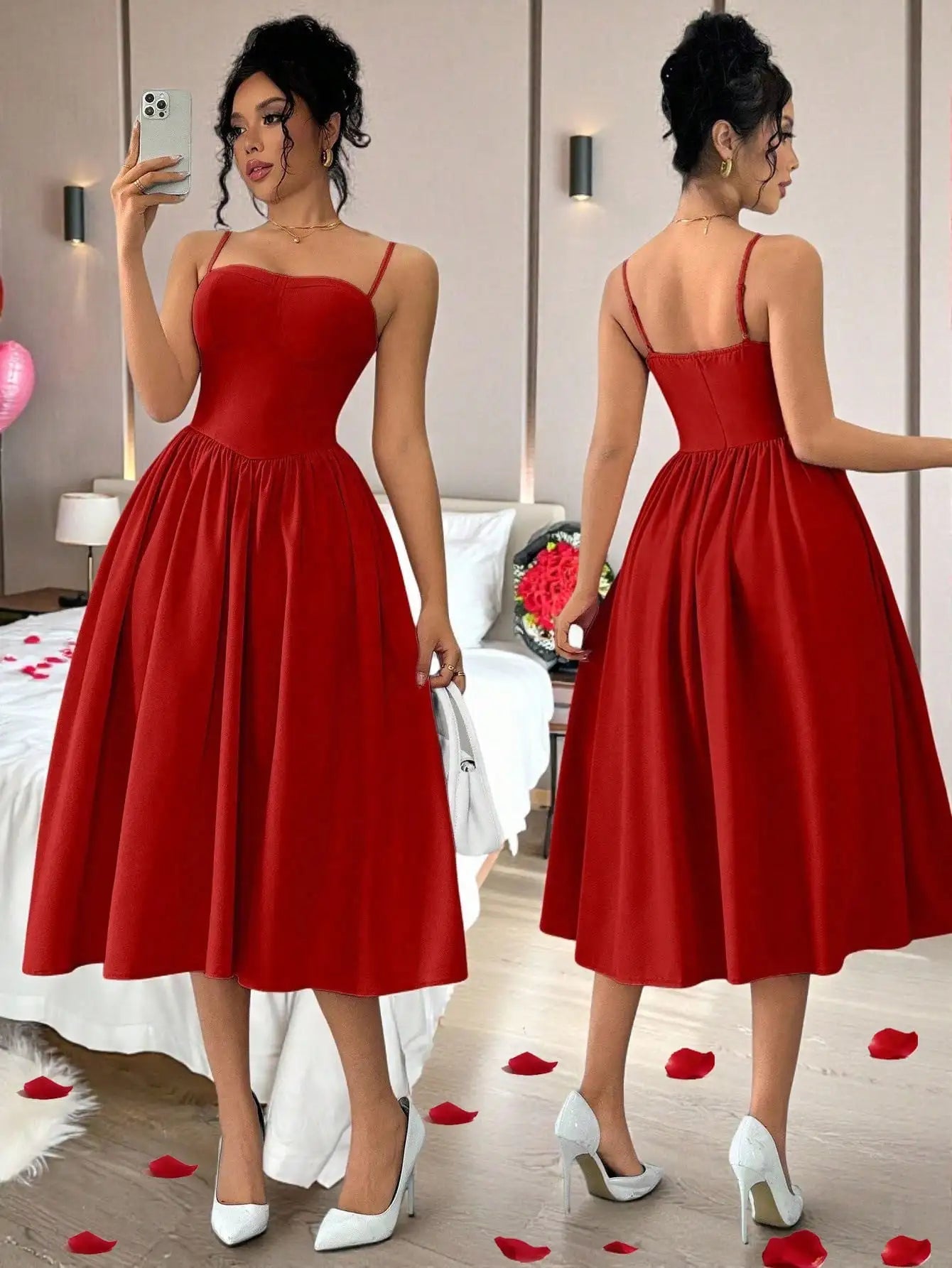 Spaghetti Strap Flared Midi Dress For Women Elegant Party Wear