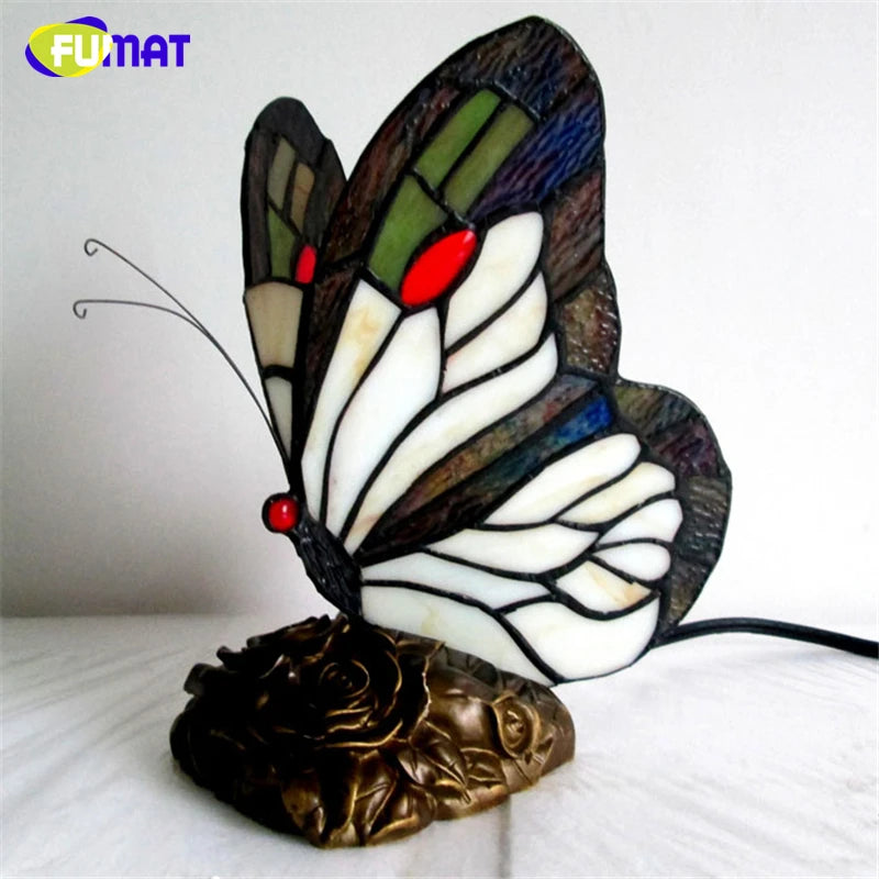 FUMAT Tiffany Style Table Lamp Butterfly Stained Glass Desk Decor