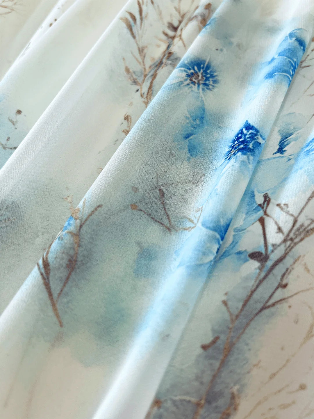 Floral Print Long Flowing V Neck Dress with Long Sleeves