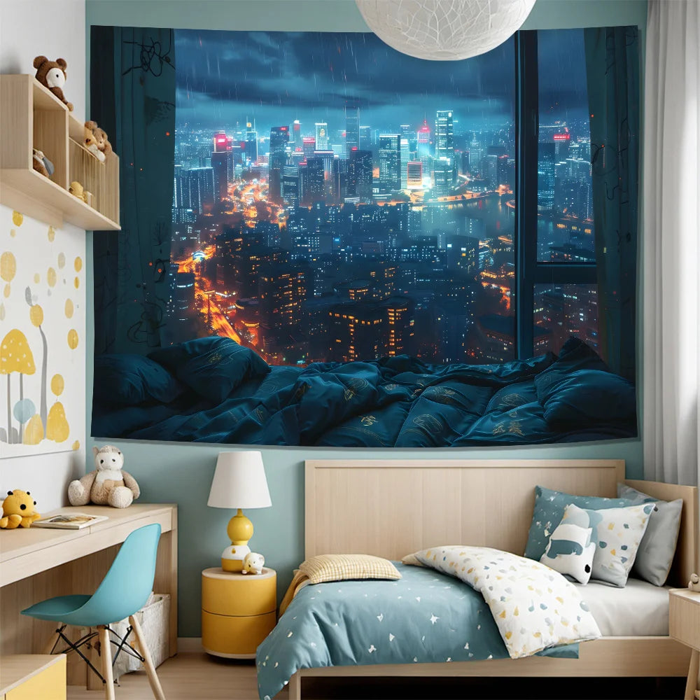 NONECN Rainy City Night View Tapestry Living Room Bedroom Wall Hanging Decor