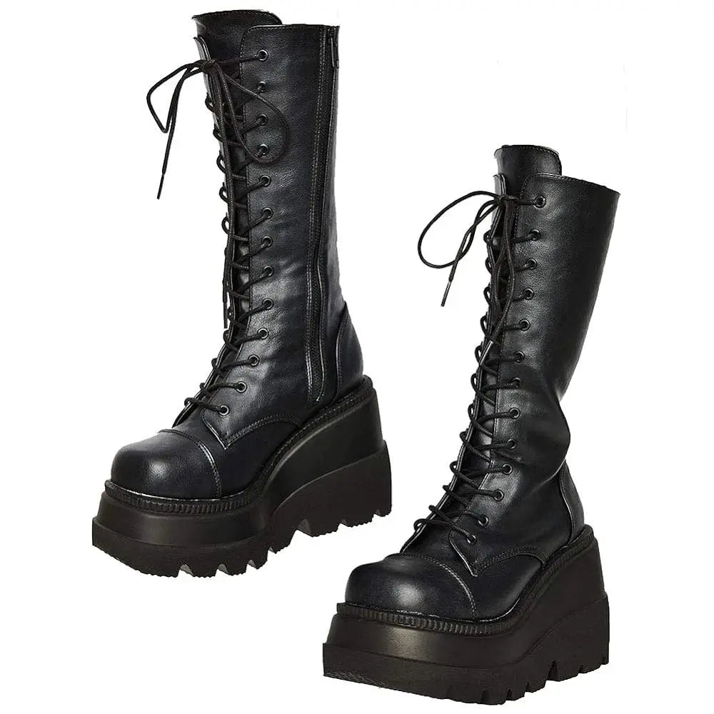 DoraTasia Gothic Lace Up Side Zip Boots Women High Heel