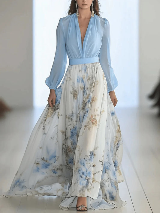 Floral Print Long Flowing V Neck Dress with Long Sleeves